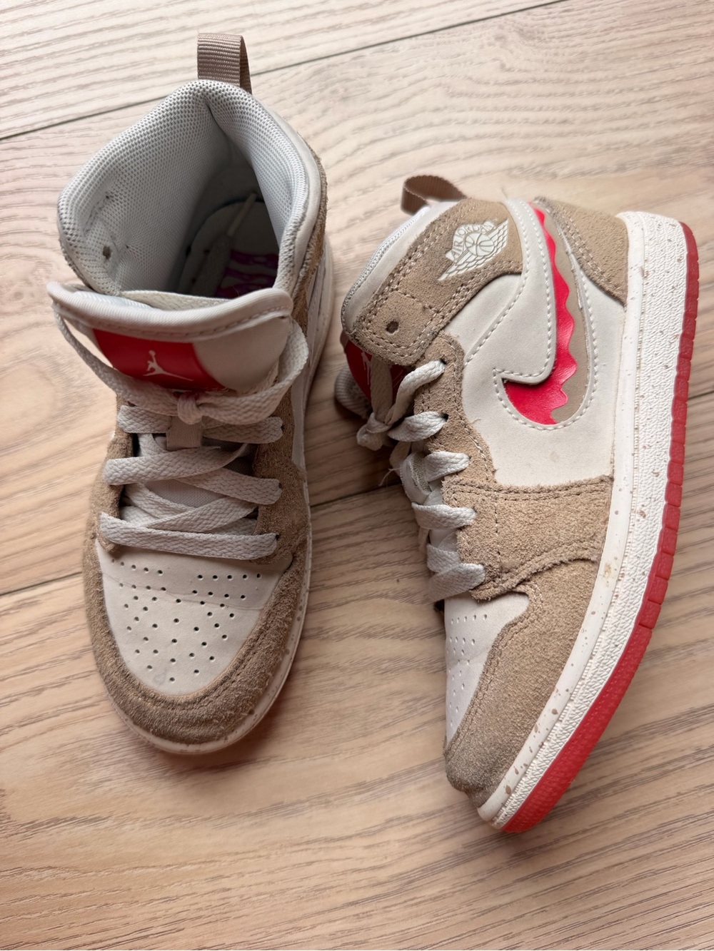 Nike Air Jordan Kids Suede Mid-Top Sneakers in Beige and Pink Jelly